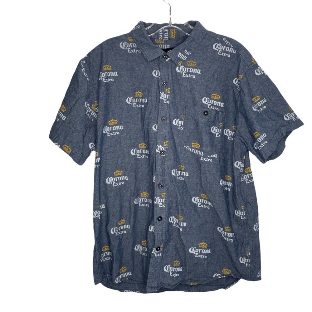 Corona Extra Mens Blue Chambray All Over Print Short Sleeve Button Down Shirt XL